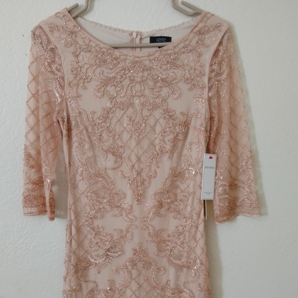 Peachy blush pink sequin 3/4 sleeve dress